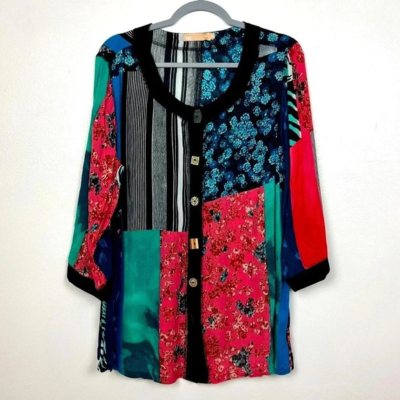 LA Cera Women’s L 3/4 Sleeve Patchwork Multi Color Button Up Tunic Top - Picture 10 of 10